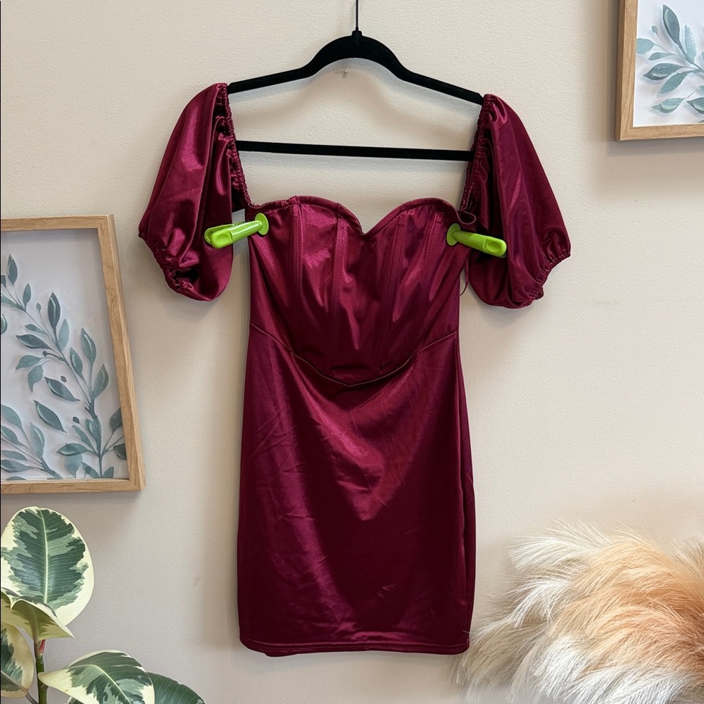 Blue Blush Burgundy Satin Puff-Sleeve Mini Dress